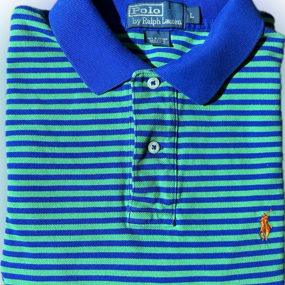 Polo~ Ralph Lauren~ Polo Shirt~Blue Green Stripes~Size Large~Short Sleeve-Cotton